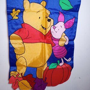 Winnie the Pooh Piglet Fall Pumpkin Leaves Yard Flag 28x42 VTG 1996 Blue Autumn